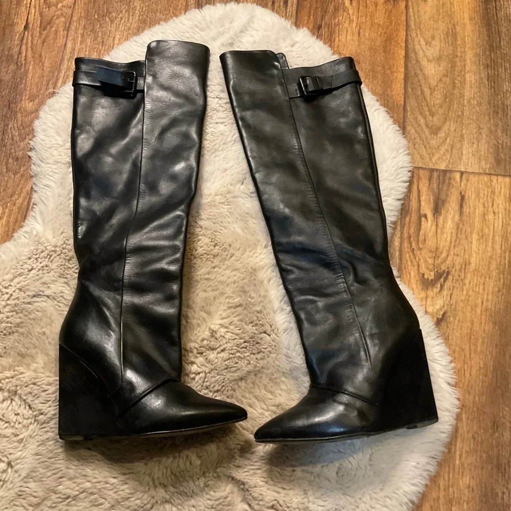 Zara Boots Leather Knee High Size 38 7.5 Pointed Toe Block Wedge Heel Womens